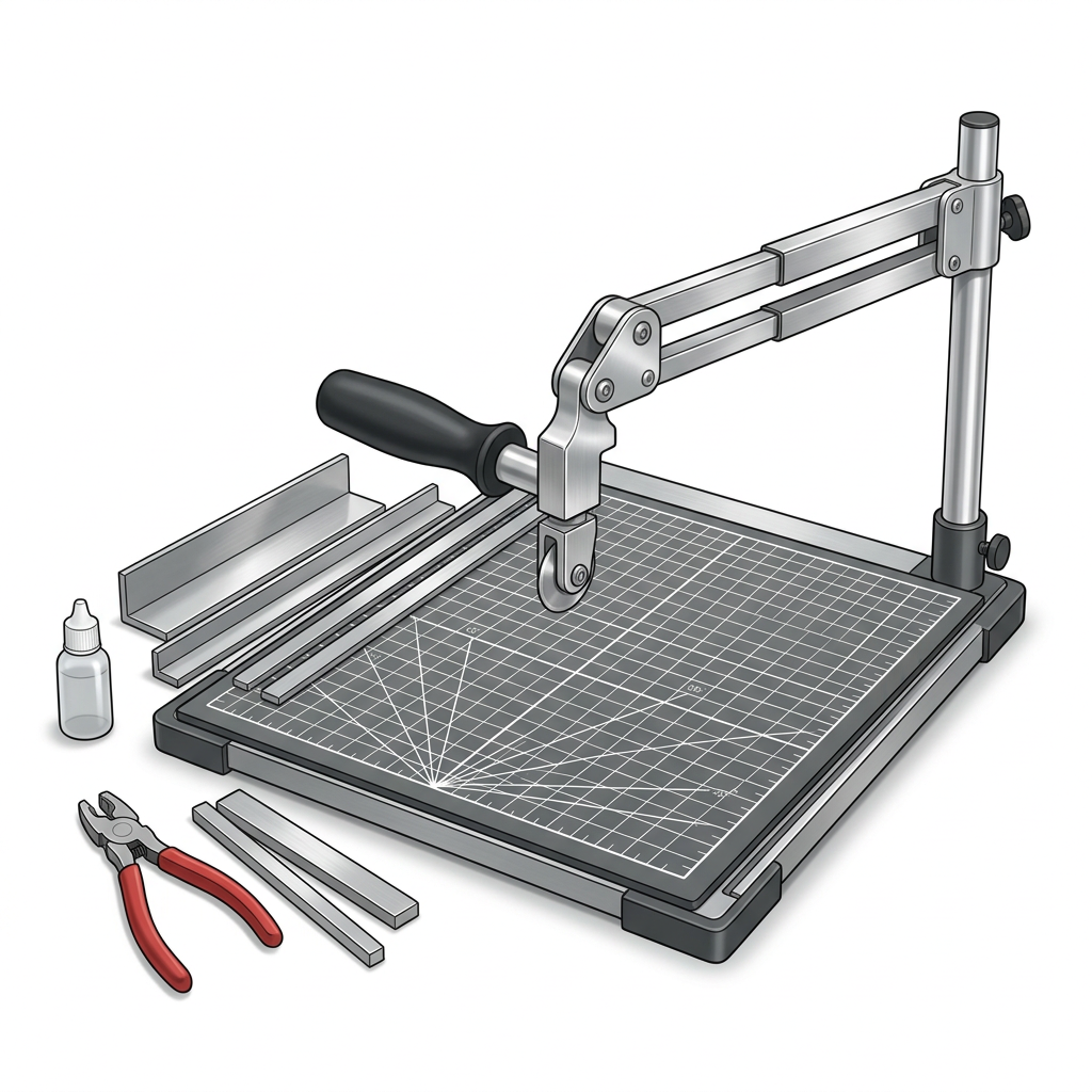 AI-generated illustrative concept of a manual glass-scoring workstation kit; actual design and components may differ