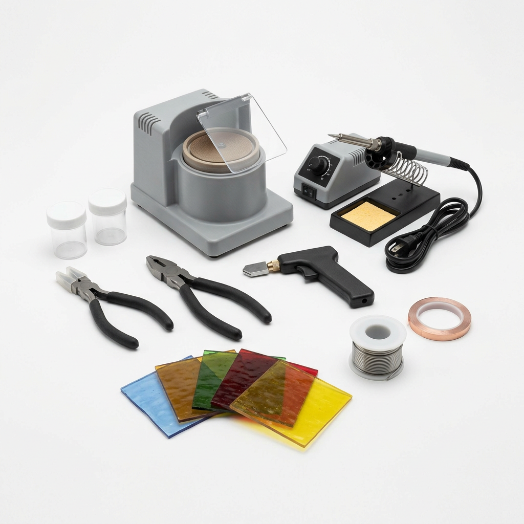 AI-generated illustrative concept of a stained-glass starter bundle; actual tools, models and contents may differ