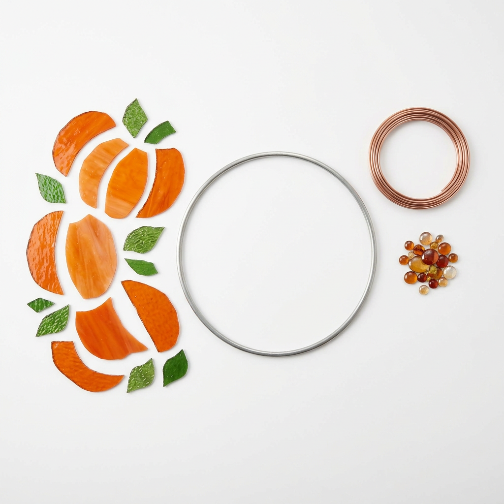 AI-generated illustrative concept of an unassembled pumpkin stained-glass ring kit; actual pieces and contents may differ