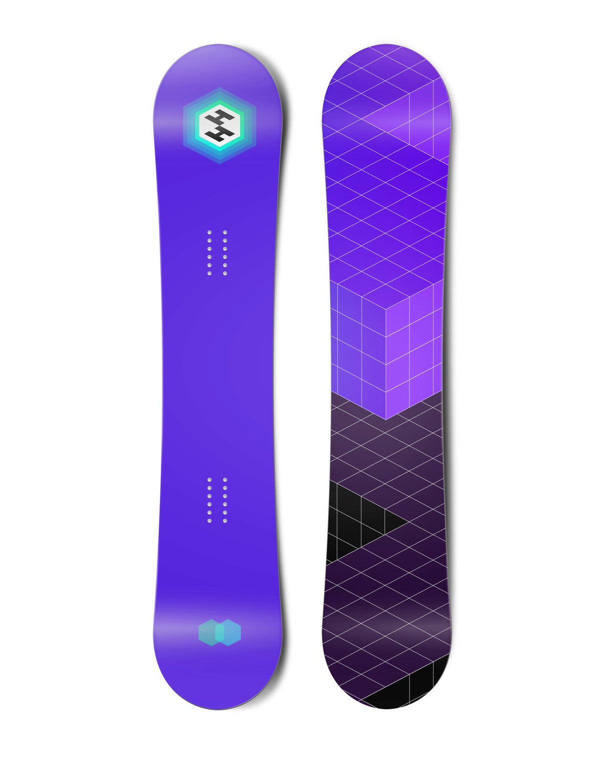 Top and bottom view of a snowboard. The top view shows a centred hexagonal logo for Hydrogen that
appears to radiate outwards, as well as some overlapping hexagons at the bottom. The bottom view shows an
abstract angular grid in purples.