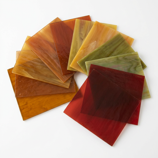 AI-generated illustrative concept of autumn-colored glass sheets; actual assortment may differ