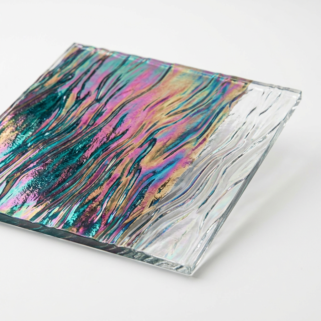 AI-generated illustrative concept of iridescent dichroic glass on thin clear textured glass; actual coating and texture may differ