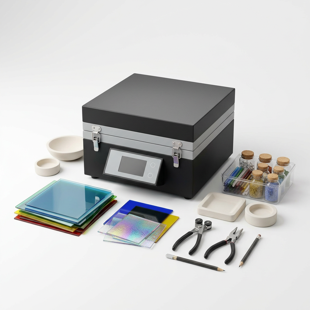 AI-generated illustrative concept of a glass-fusing studio bundle with kiln and supplies; actual models and contents may differ