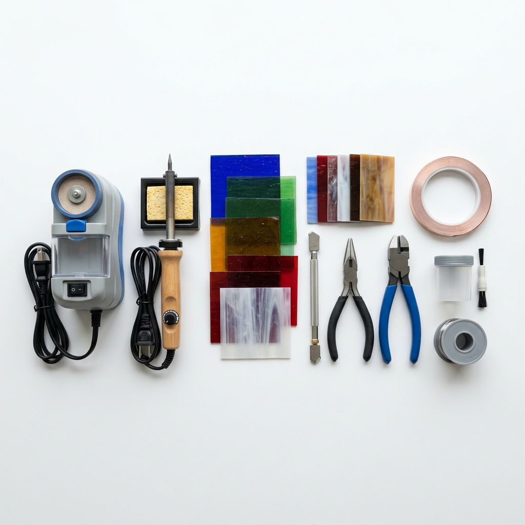 AI-generated illustrative concept of a beginner stained-glass kit; actual tools, models and contents may differ