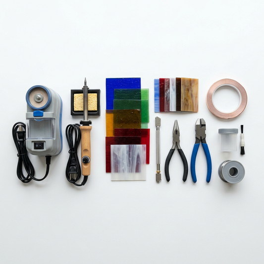 AI-generated illustrative concept of a beginner stained-glass kit; actual tools, models and contents may differ