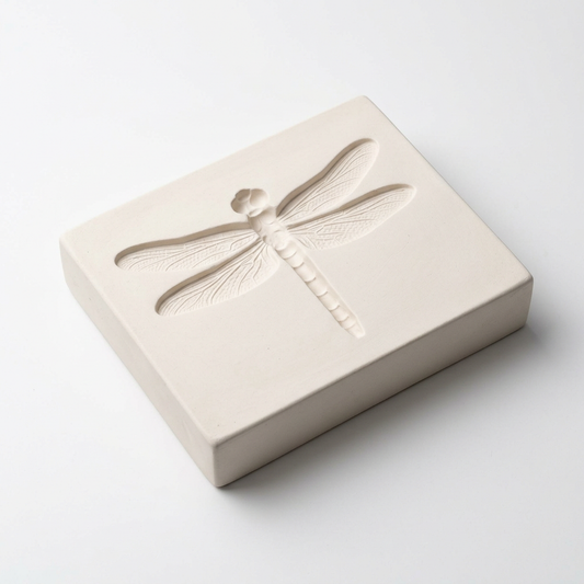 AI-generated illustrative concept of a ceramic mold with one dragonfly cavity; actual mold design may differ