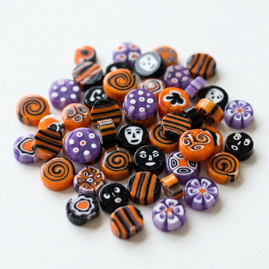 AI-generated illustrative concept of Halloween-colored glass murrine slices; actual patterns and assortment may differ