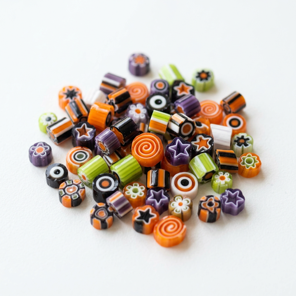 AI-generated illustrative concept of Halloween-colored glass murrine slices; actual patterns and assortment may differ