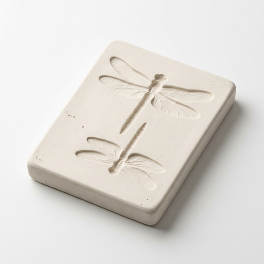AI-generated illustrative concept of a ceramic mold with two dragonfly cavities; actual mold design may differ