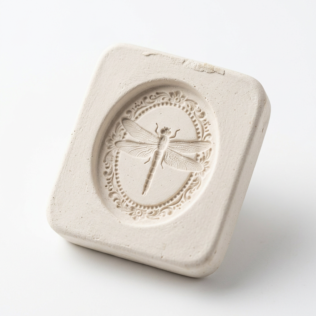 AI-generated illustrative concept of a ceramic dragonfly cameo casting mold; actual mold design may differ