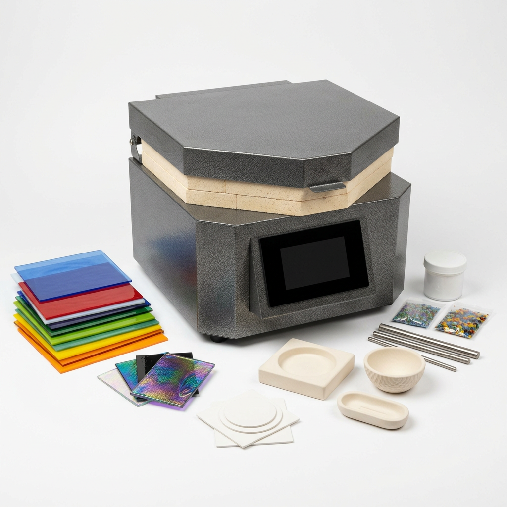 AI-generated illustrative concept of a glass-fusing studio bundle with kiln and supplies; actual models and contents may differ